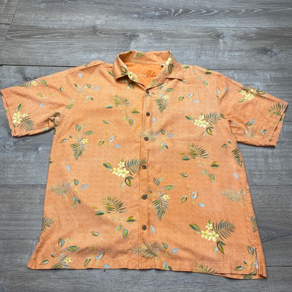 Tommy Bahama Shirt Mens Large Orange Silk Tropical Floral Palm Camp Button Down